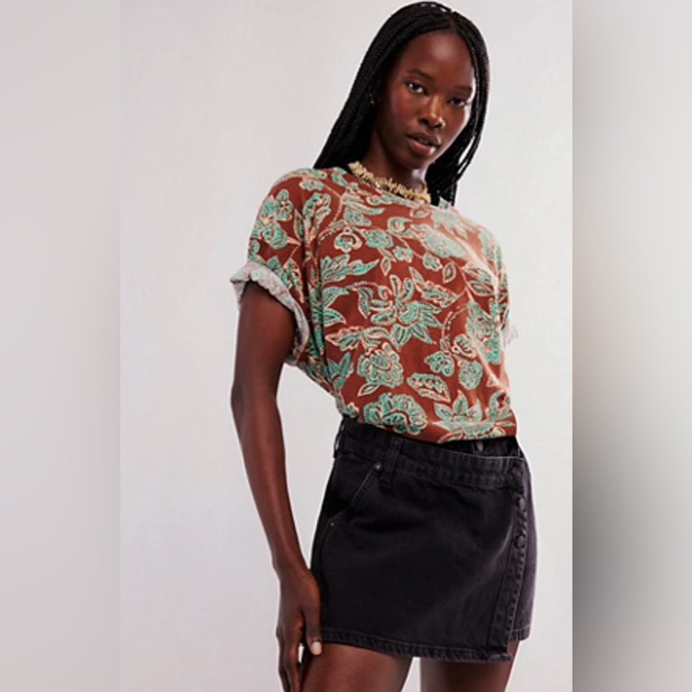 Free People We the Free Nina Floral Printed Tee Brown Green